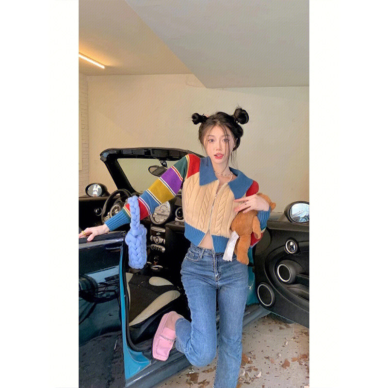 RETRO CONTRAST COLOR RAINBOW STRIPED RAGLAN SLEEVE KNITTED SWEATER WOMENS AUTUMN SLIM FIT SLIM SHORT ZIPPER CARDIGAN TOP