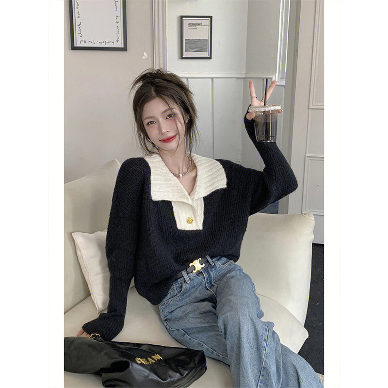 FRENCH DESIGN SENSE CONTRAST LAPEL LONG-SLEEVED KNITTED SWEATER WOMENS AUTUMN AND WINTER NEW LOOSE AND THIN VERSATILE CHIC TOP