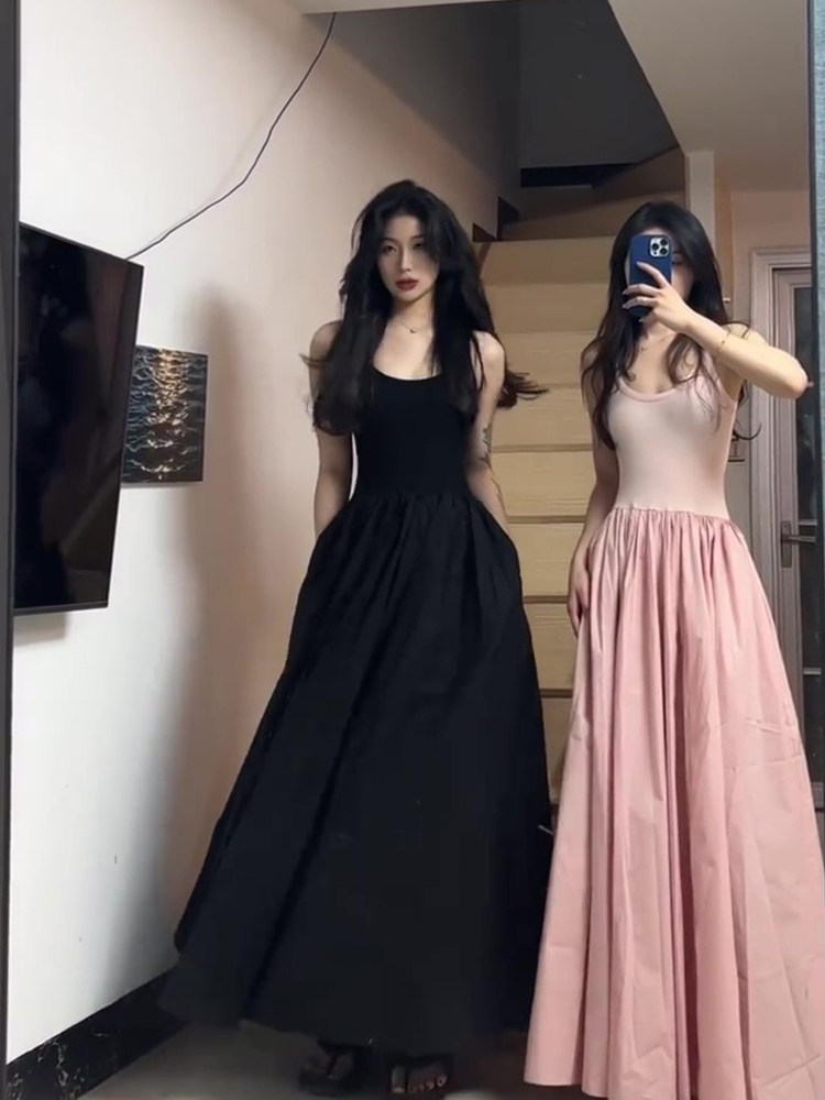 FRENCH SEXY BABES PATCHWORK VEST DRESS WOMENS SUMMER WAIST THIN WAIST THIN HIGH-END CASUAL TEMPERAMENT LONG SKIRT