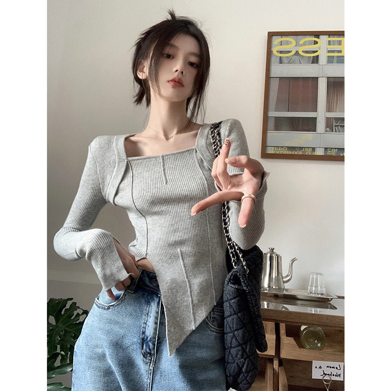 FASHIONABLE DESIGN HEM SLIT LONG-SLEEVED SQUARE-NECKED KNITWEAR WOMENS AUTUMN AND WINTER SLIM AND THIN NICHE AND VERSATILE TOPS TRENDY