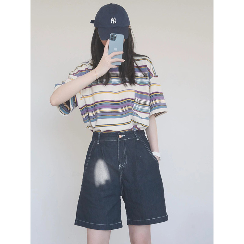 HONG KONG STYLE FASHION CONTRAST STITCHING STRIPE SHORT SLEEVE T-SHIRT WOMENS SUMMER LOOSE AND THIN HEPBURN STYLE MIDI TOP TIDE