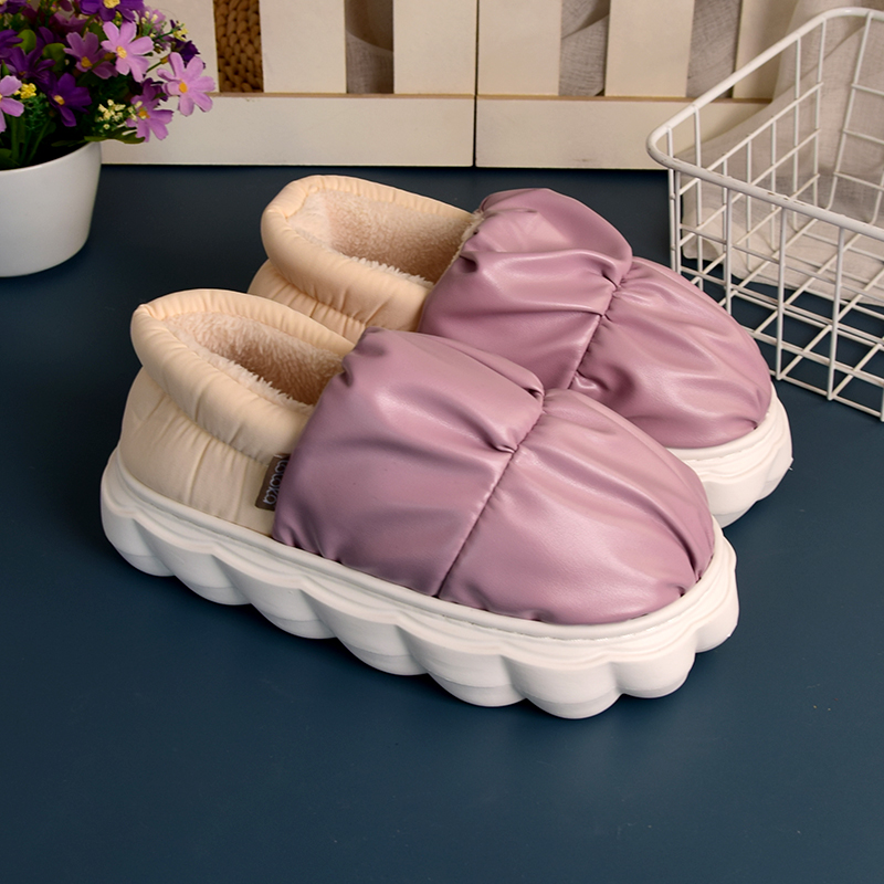 路路佳棉拖鞋女包跟冬季保暖情侣厚底室内居家用PU皮防水冬季棉鞋
