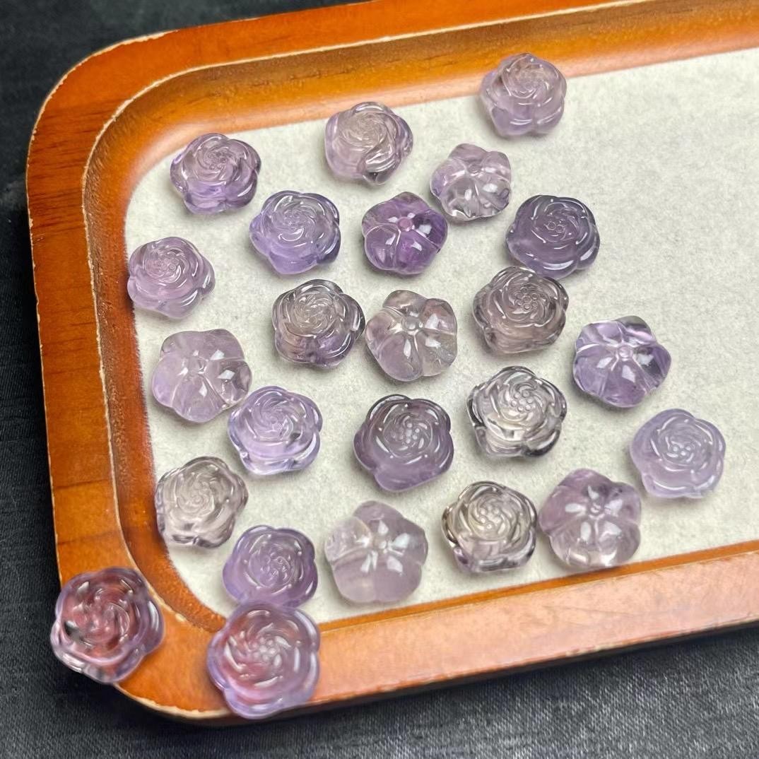 2025天然紫水晶玫瑰花雕刻通孔配件 规格13mm左右 DIY手串项链 ZW