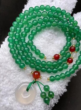 2026绿色天然玛瑙玉髓手链108颗多圈手串女情侣闺蜜水晶莲花蛇年