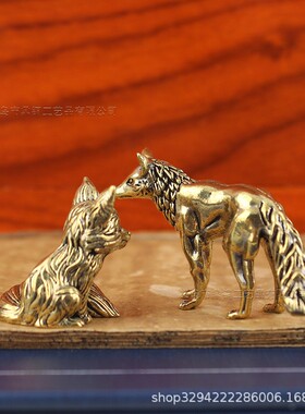 2026跨境美式做旧黄铜实心狐狸摆件书房办公桌面茶宠手把件小铜器