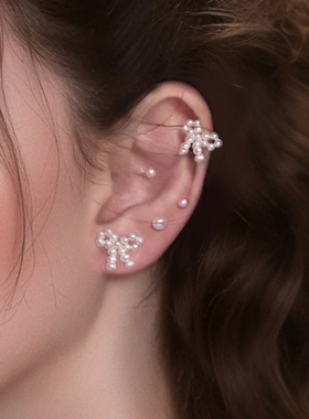 IRIS MOOR稀有天然mini珍珠蝴蝶结耳骨夹s925银耳钉气质叠戴耳饰