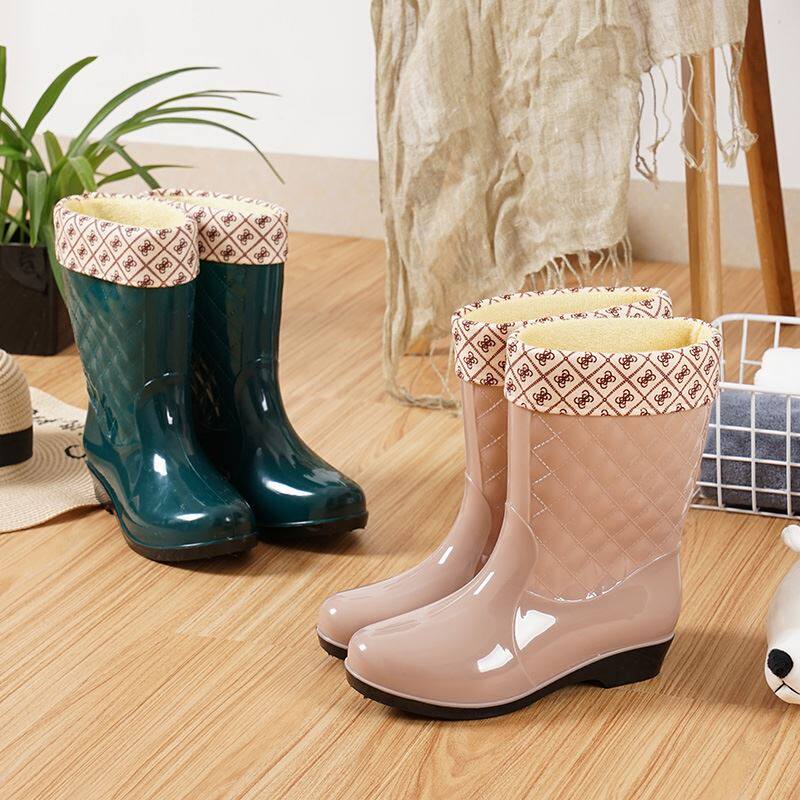 2024 NEW RAIN BOOTS WOMENS MEDIUM TUBE WARM AUTUMN AND WINTER RAIN BOOTS ANTI-SLIP WATER SHOES HIGH RUBBER SHOES ADULT FLEECE WATER BOOTS