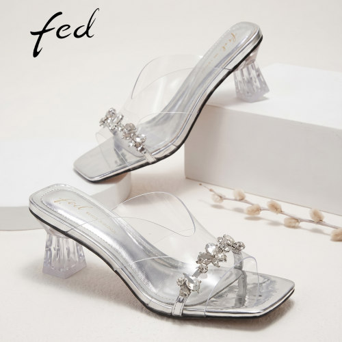 fed银色方头水晶跟高跟凉鞋女