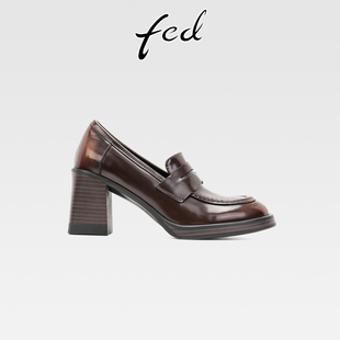 一脚蹬圆头高跟深口通勤单鞋 fed真皮粗跟厚底乐福鞋 女复古小皮鞋
