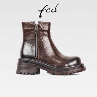 fed英伦风复古真皮粗跟厚底马丁靴女秋冬新款 侧拉链中跟圆头短靴