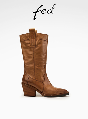 【水洗牛皮】fed尖头时装靴冬季新款女靴中筒西部靴D1105-ZFA227
