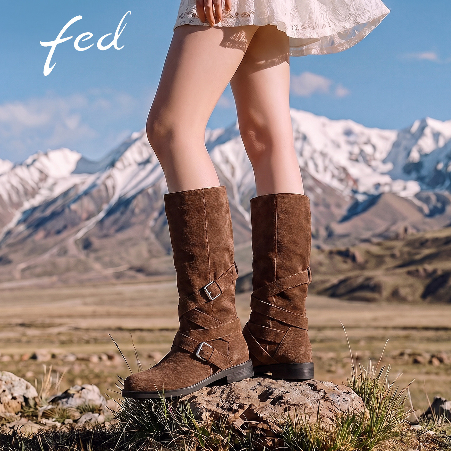 fed复古绑带靴子长筒靴女秋季
