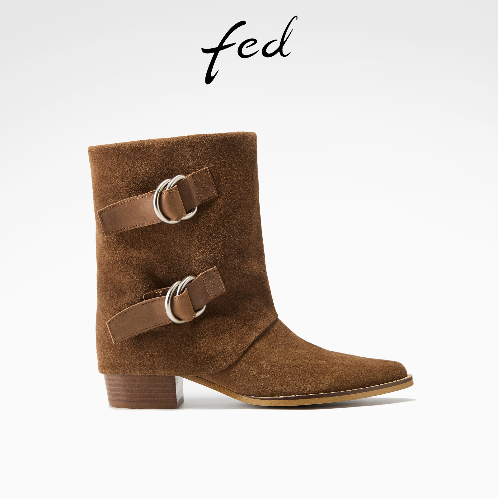 fed粗跟西部靴冬季新款女靴气质裤管靴皮带扣短靴女款S1107-YA015