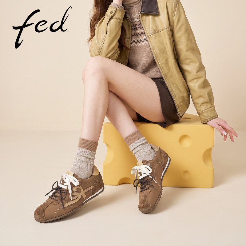 fed棕色时尚休闲鞋秋季新款双鞋带德训鞋厚底内增高拼接运动女鞋