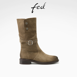 YAB206 女靴皮带扣骑士靴擦色短靴女S1107 fed中筒西部靴冬季 新款