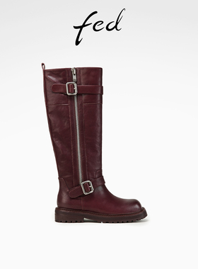fed英伦风长筒靴春季新款女靴粗跟时装靴真皮骑士靴D1121-ZFA129
