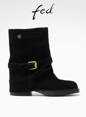 fed皮带扣时装靴冬季新款女靴绒面短靴气质西部靴女S1201-ZFA376
