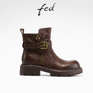 新款 S1104 女靴粗跟短靴装 靴女款 ZC702 饰扣工装 fed复古马丁靴冬季