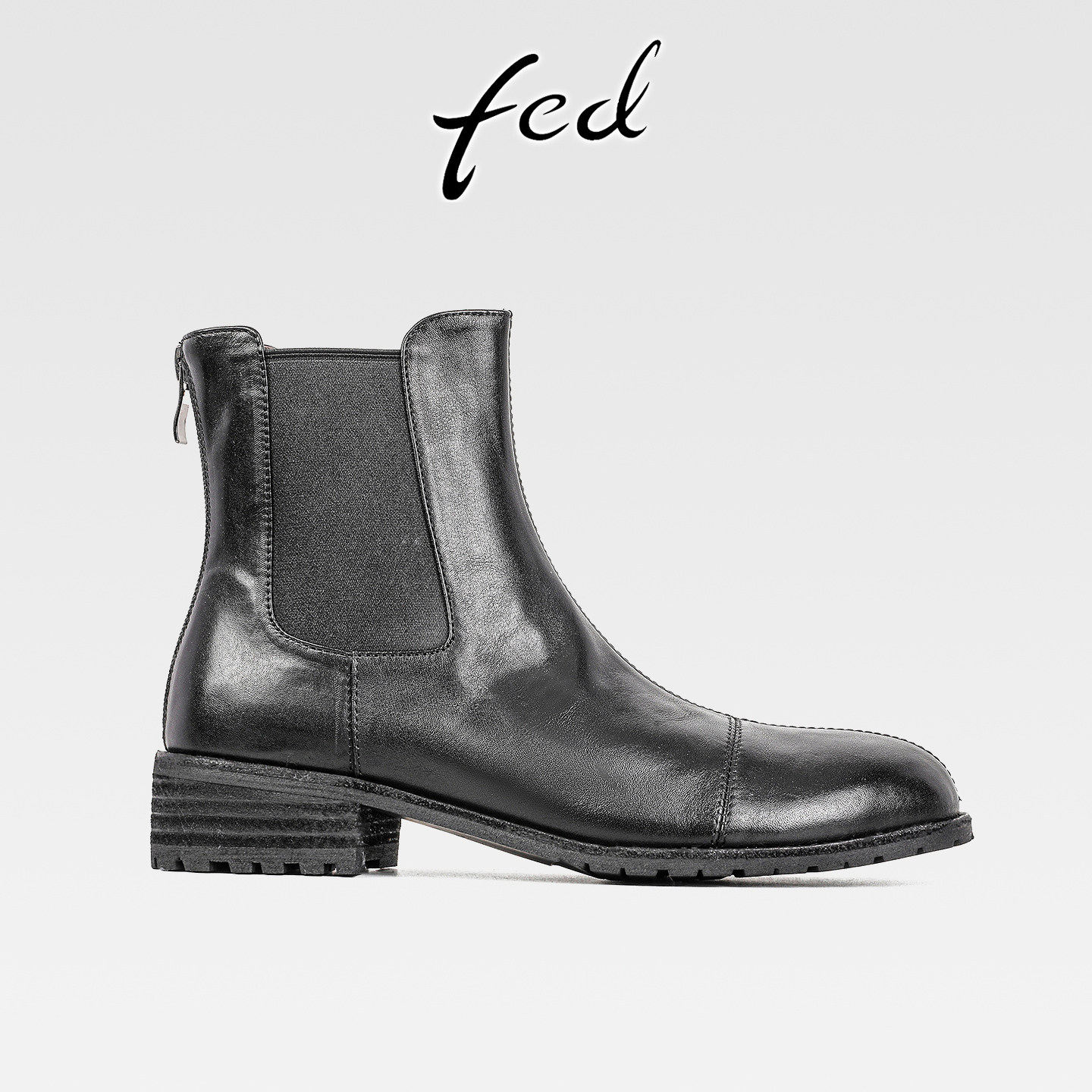 fed英伦风复古真皮粗跟切尔西短靴女秋冬款后拉链中跟圆头马丁靴