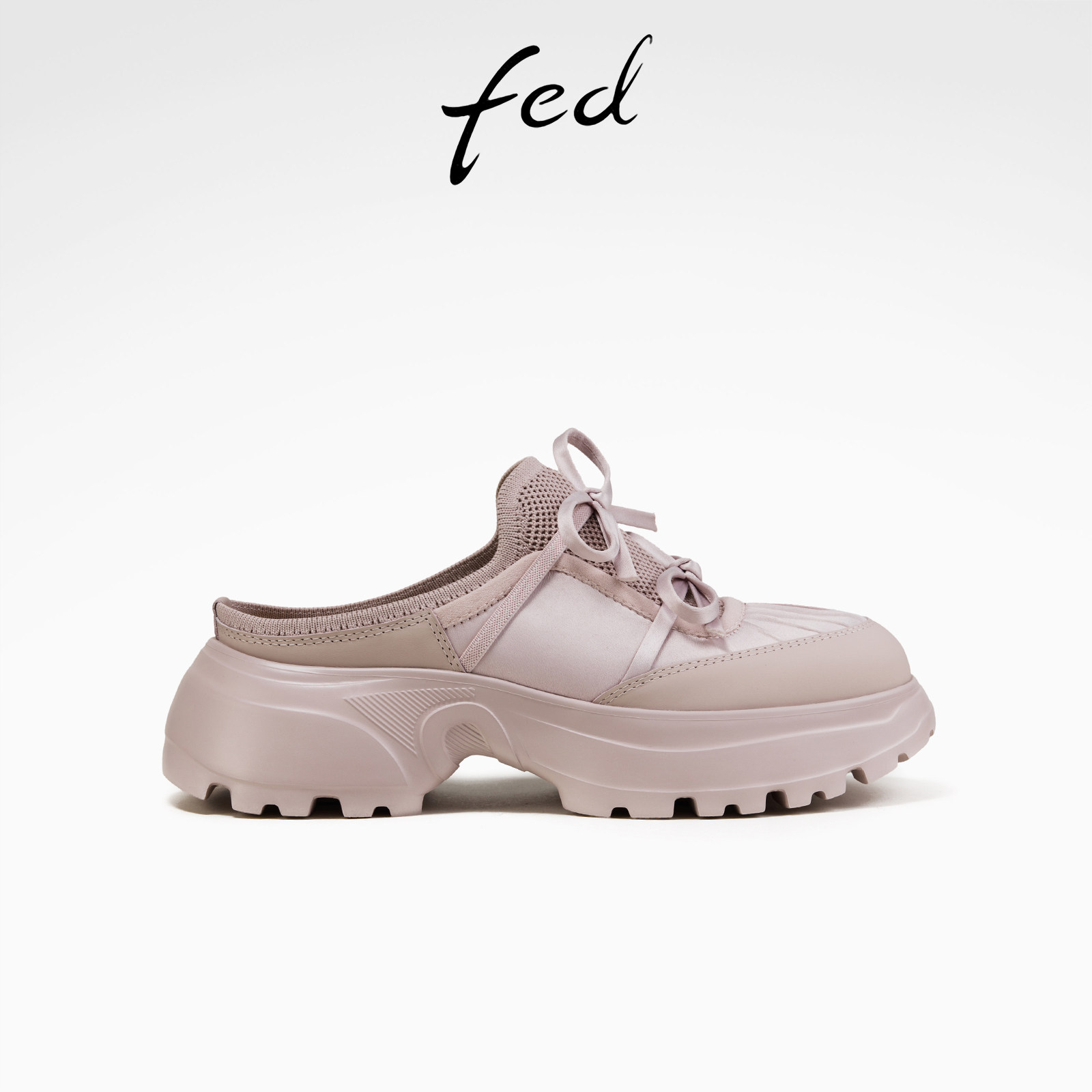 fed温柔粉缎面拼接网布半拖女