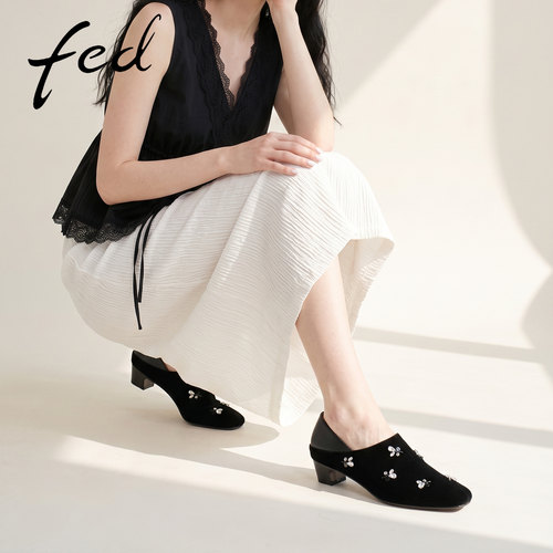 fed绒面水钻深口单鞋女