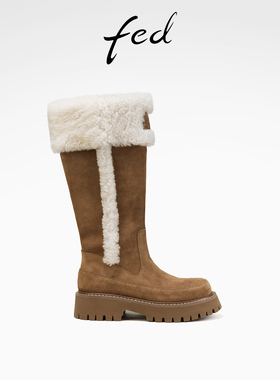 fed毛毛长靴春季新款女靴高筒雪地靴复古保暖时装靴女D1228-YA018