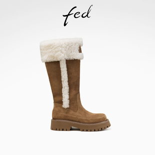 靴女D1228 女靴高筒雪地靴复古保暖时装 YA018 新款 fed毛毛长靴春季