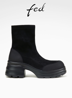fed厚底短靴冬季新款女靴黑色弹力瘦瘦靴绒面时装靴女D0928-YA165