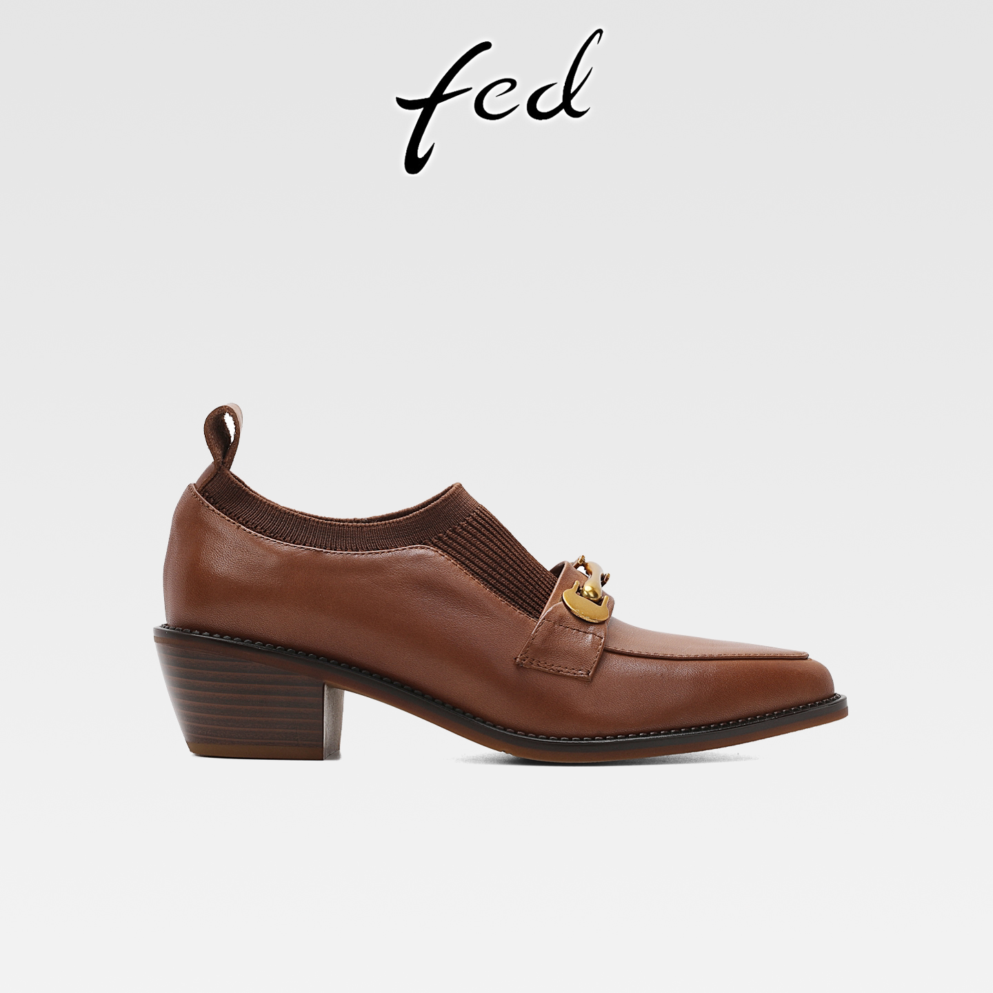 fed法式复古真皮粗跟金属扣通勤单鞋女一脚蹬气质尖头深口高跟鞋
