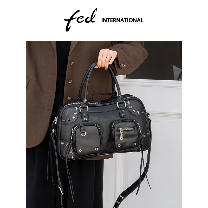 fed植鞣牛皮机车包女铆钉波士顿包大容量多口袋手提斜挎包BFA9480