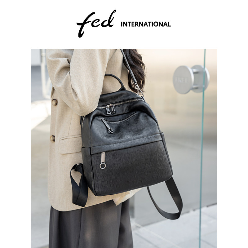 fed头层牛皮真皮女包手提旅游休闲背包大容量双肩包包书包BFA9