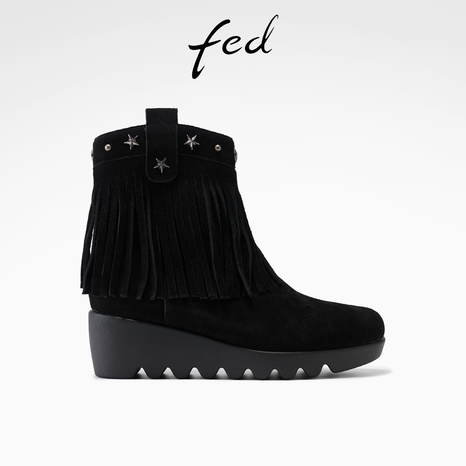 fed流苏短靴女冬季新款女鞋坡跟时装靴绒面马丁靴女款S1114-YA008