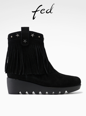 fed流苏短靴女冬季新款女鞋坡跟时装靴绒面马丁靴女款S1114-YA008