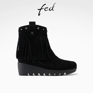 新款 S1114 女鞋 靴绒面马丁靴女款 YA008 坡跟时装 fed流苏短靴女冬季