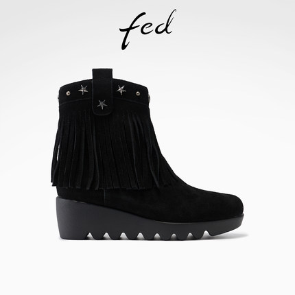fed流苏短靴女冬季新款女鞋坡跟时装靴绒面马丁靴女款S1114-YA008