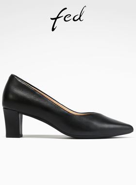 fed黑色小皮鞋女夏季新款女鞋粗跟单鞋通勤高跟鞋女款S0602-YL630
