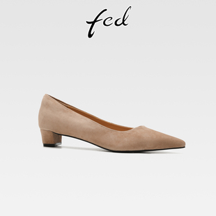 fed复古羊反绒粗跟通勤工作鞋女春秋新款一脚蹬中跟尖头浅口单鞋