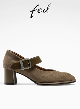 fed玛丽珍鞋秋季新款女鞋绒面复古粗跟高跟浅口单鞋R0731-YAB051