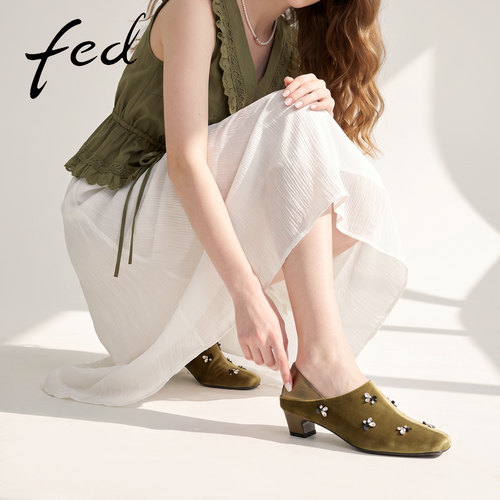fed绒面水钻深口单鞋女