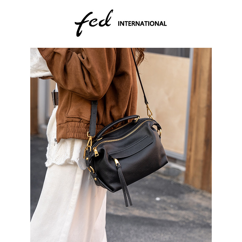 fed头层牛皮真皮女包枕头包波士顿包斜挎包单肩包大容量BFA94
