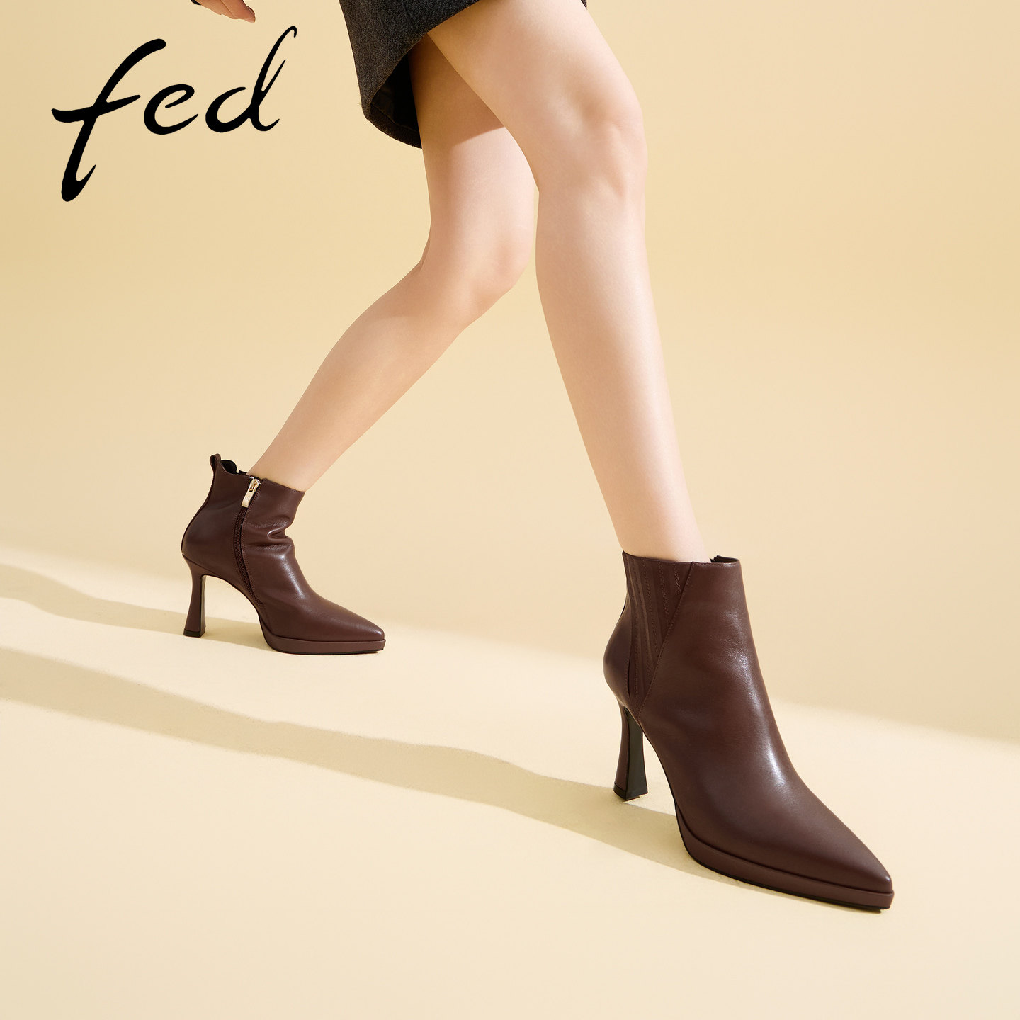 fed真皮短靴女尖头细跟
