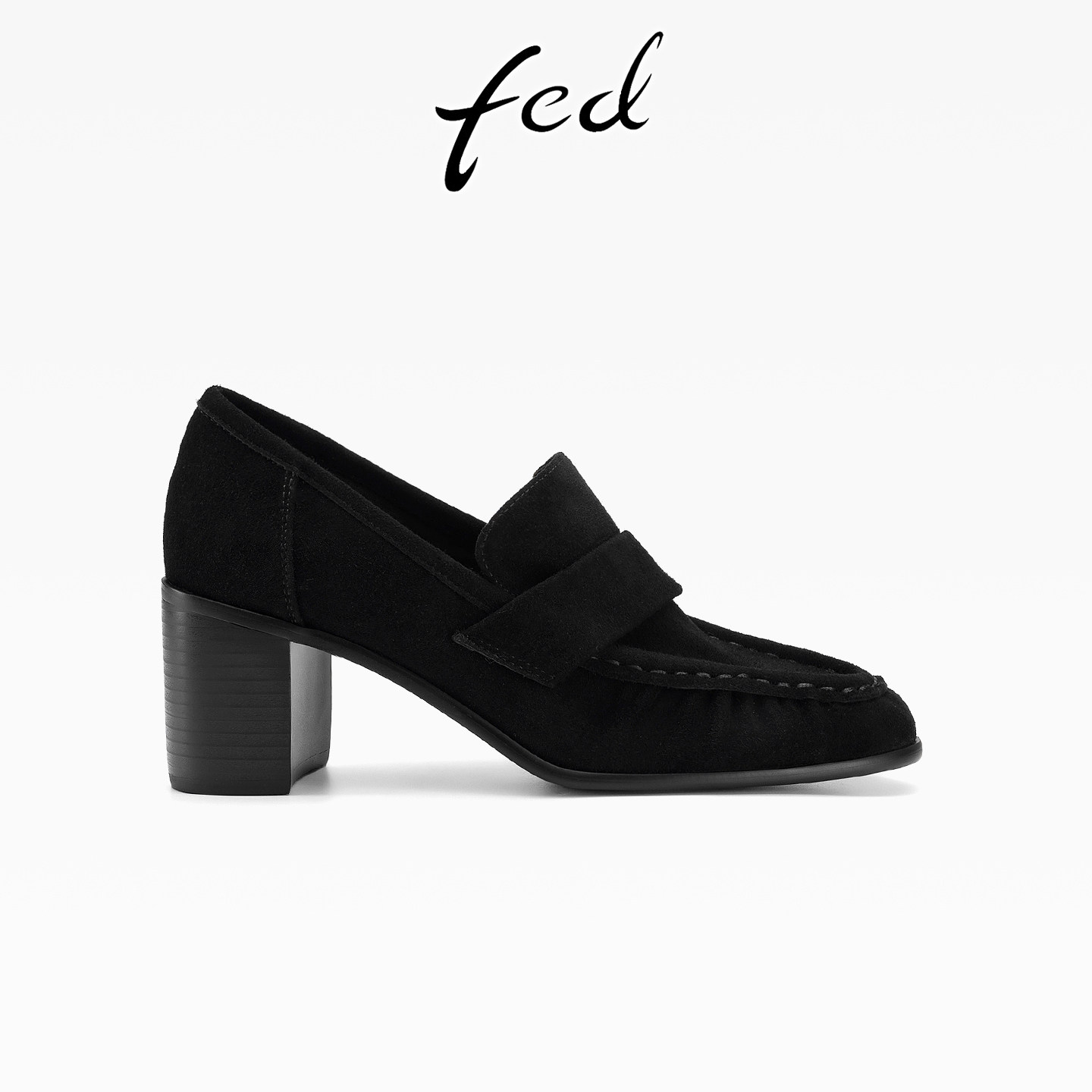 fed春夏新款深口高跟褶皱单鞋女黑色复古羊反绒粗跟一脚蹬乐福鞋