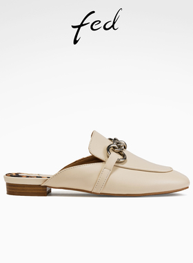 fed羊皮穆勒鞋夏季新款女鞋后空单鞋白色粗跟凉拖女S0609-YAC327