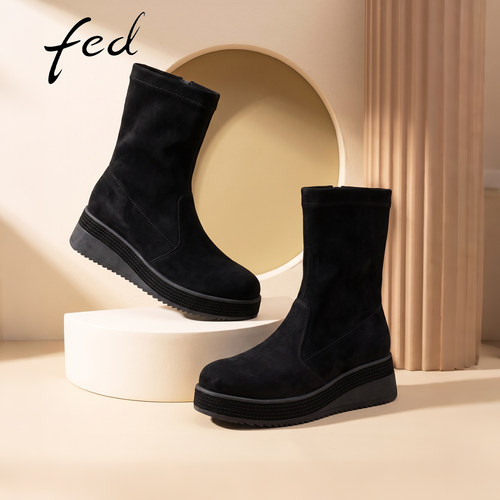fed女款一脚蹬增高瘦瘦弹力短靴