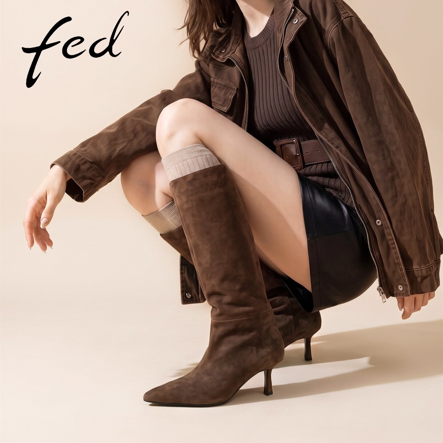 fed复古尖头细跟高筒堆堆靴女