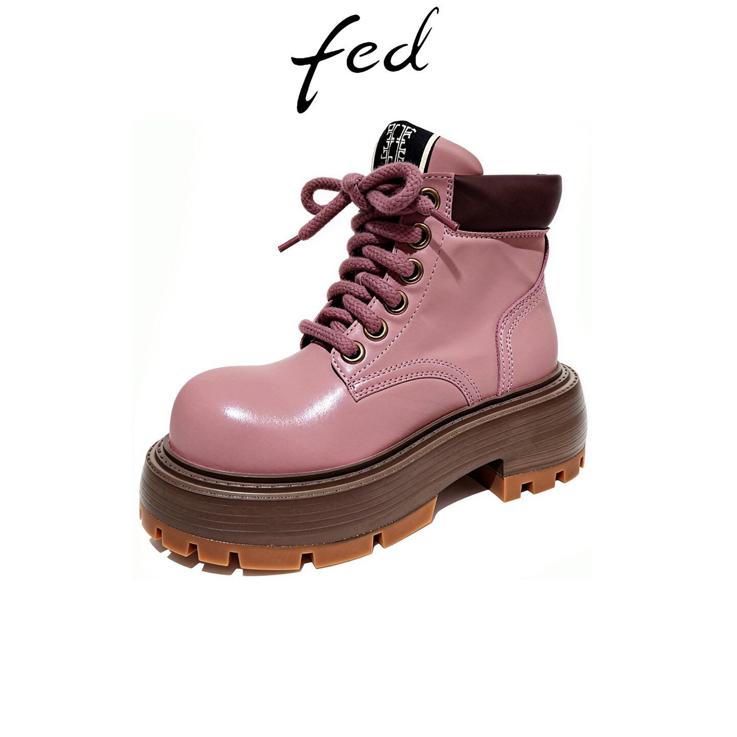 fed粉色厚底马丁靴女撞色鞋