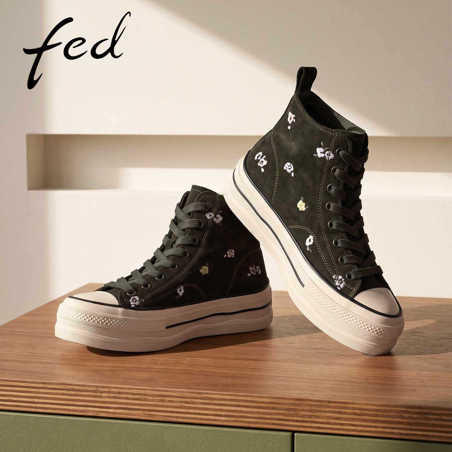 fed女绒面真皮厚底增高休闲鞋