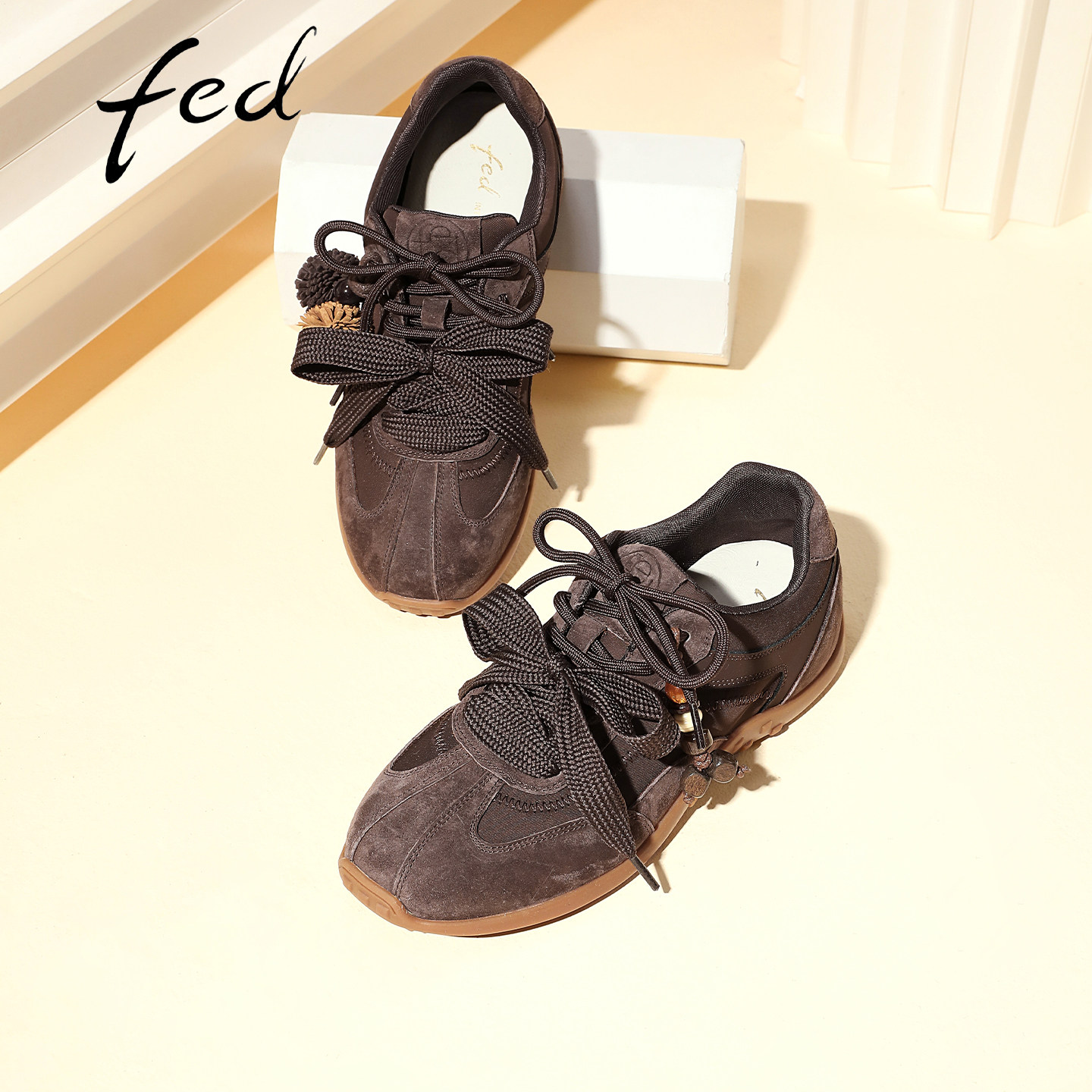 fed阿甘鞋蝴蝶结系带绒面休闲鞋
