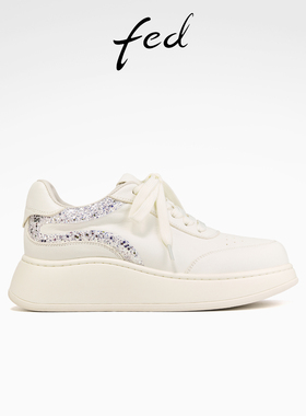 fed厚底板鞋女秋季新款女鞋亮片小白鞋牛皮增高鞋女款S0903-YA103