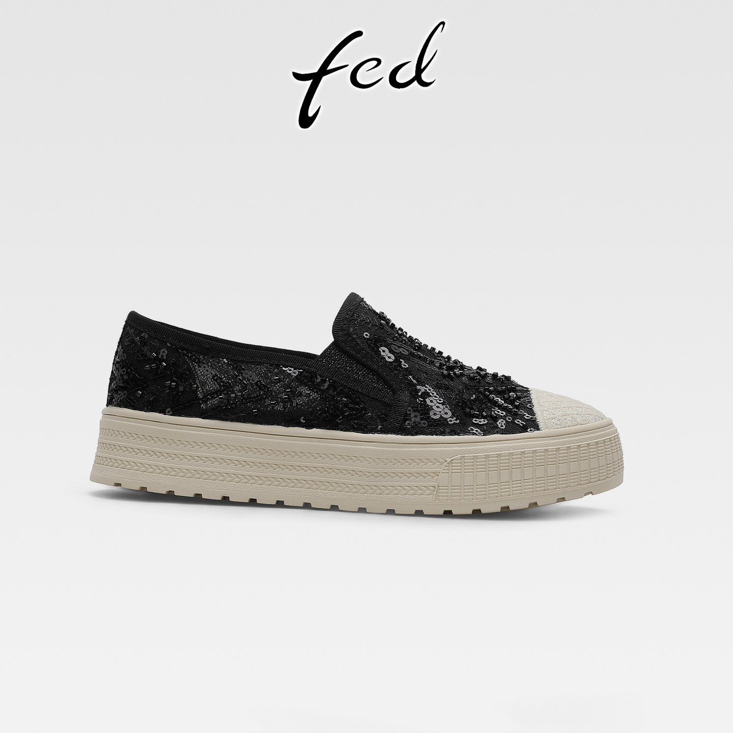 fed黑色亮片渔夫鞋女春季新款厚底一脚蹬百搭板鞋透气网面小白鞋
